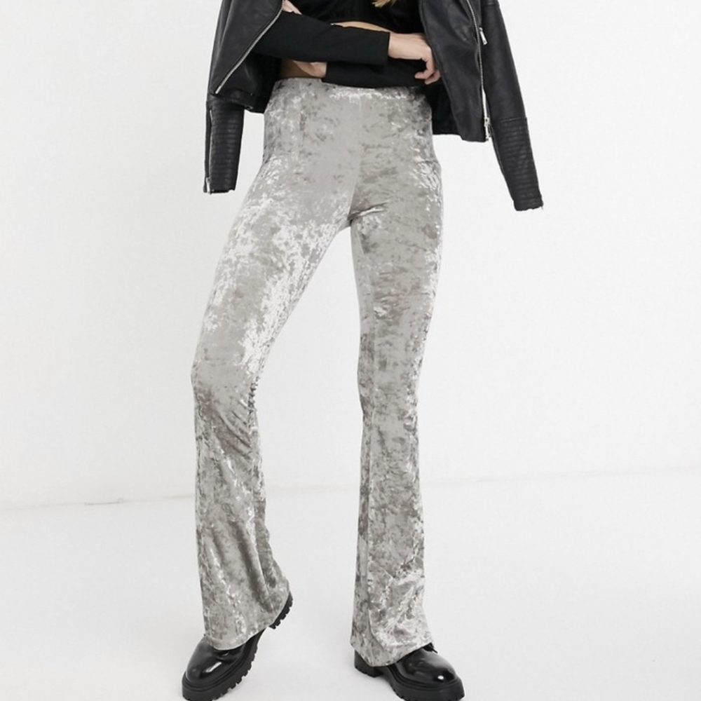 Topshop velvet flared pants in silver